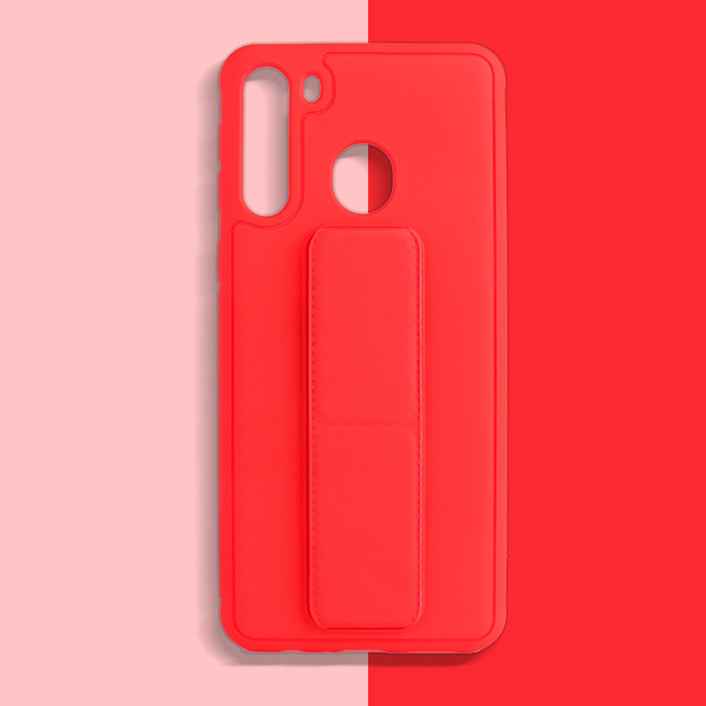 PU LEATHER Hand Grip Kickstand Case for Samsung Galaxy A21 (Red)